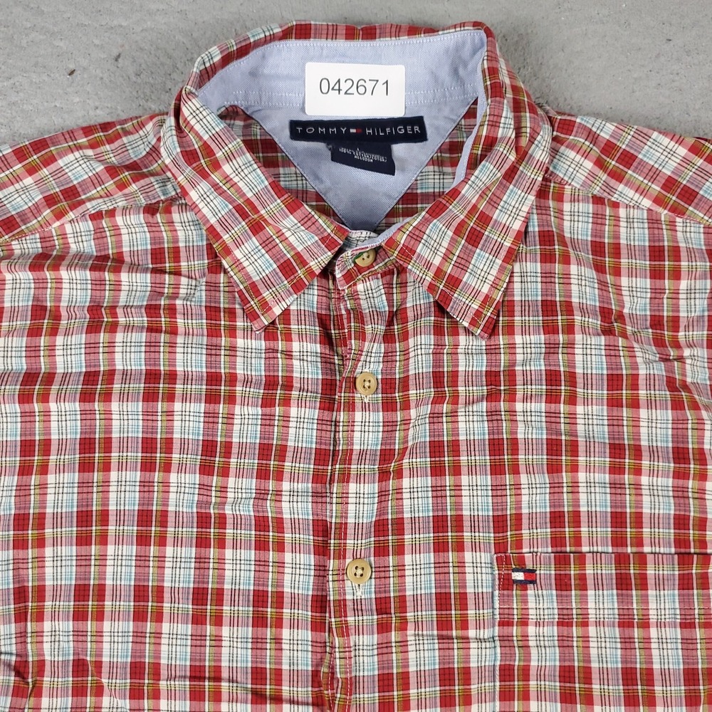 Tommy Hilfiger Shirt Mens Large Red Plaid Casual Button Up Short Sleeve *
